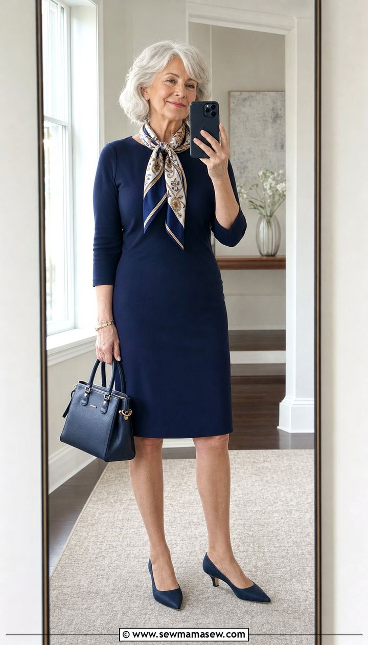 Silk Scarf Neck Accent With a Simple Dress - 25 Cute outfits for women over 60