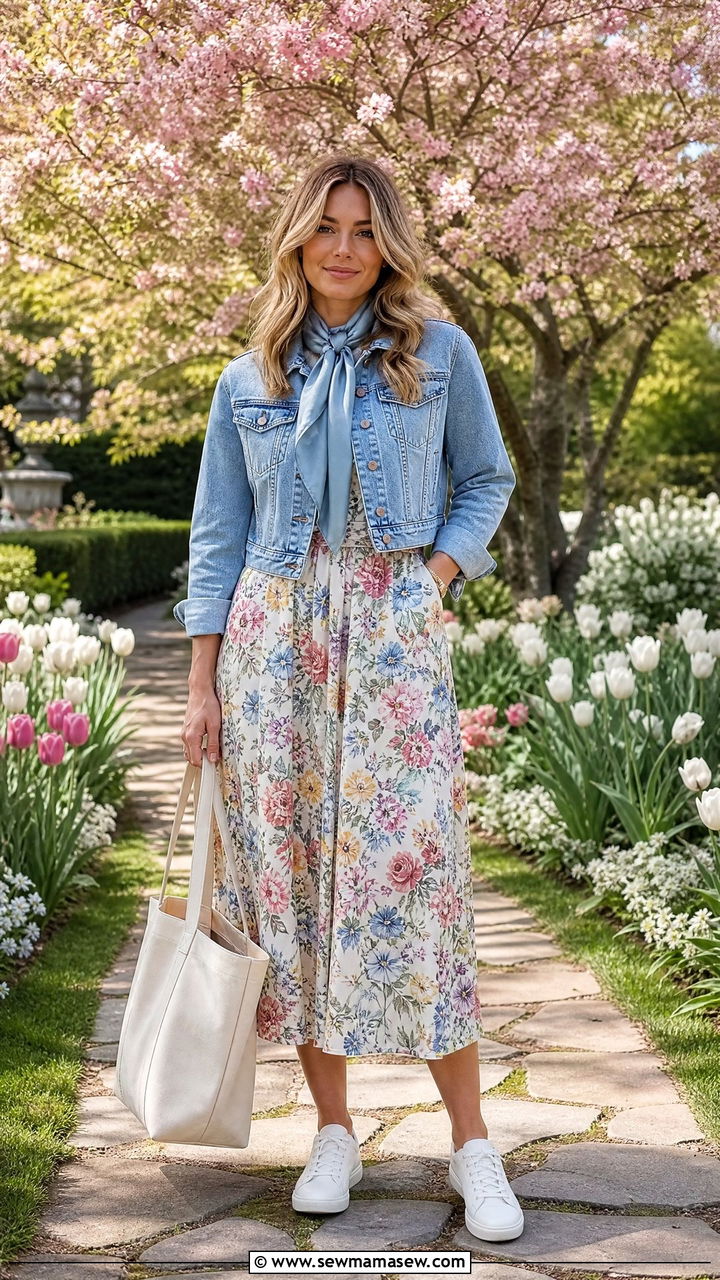 Silk Scarf Tied Under a Denim Jacket with a Floral Skirt - 20 spring outfits with silk scarf