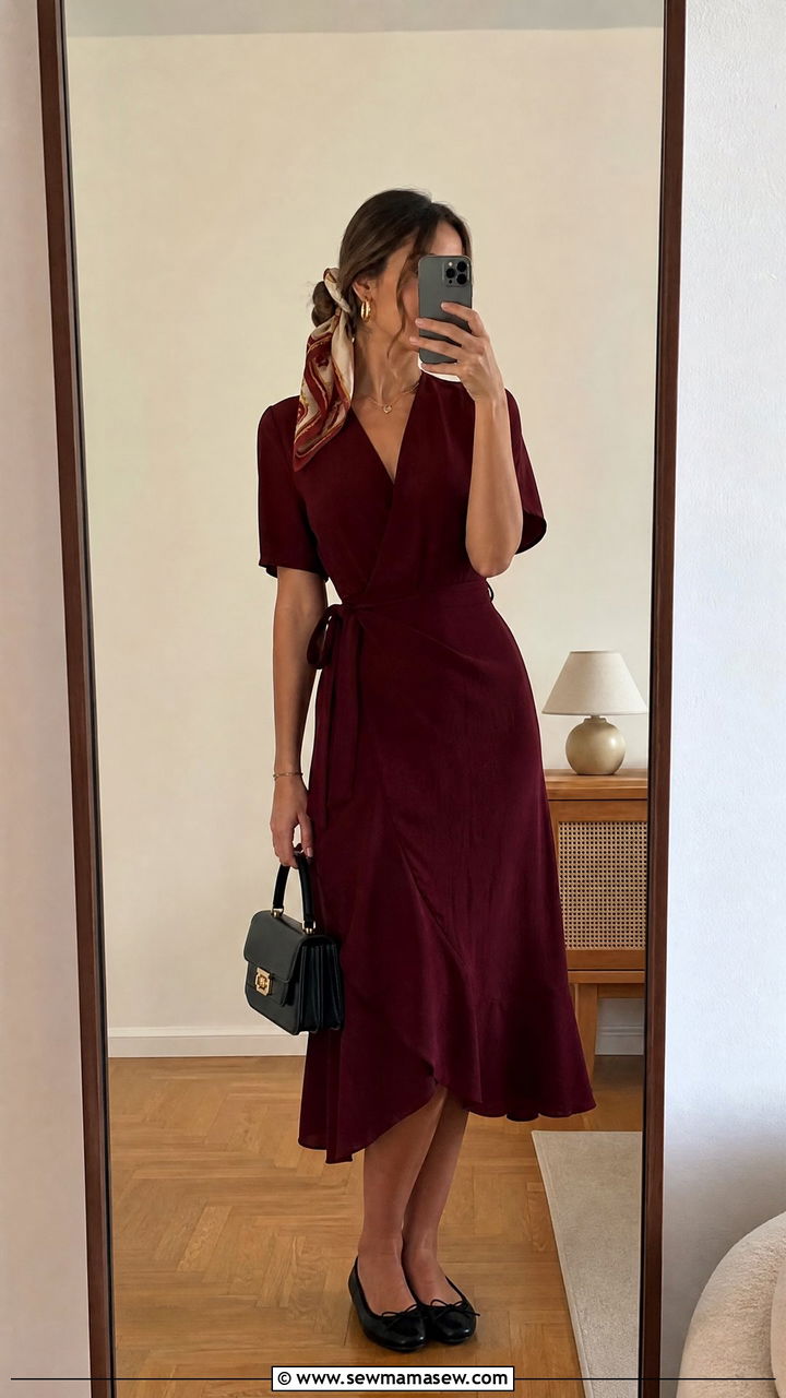 Silk Scarf Tied in Hair with Wrap Dress and Ballet Flats - 25 French girl outfit ideas with a silk scarf