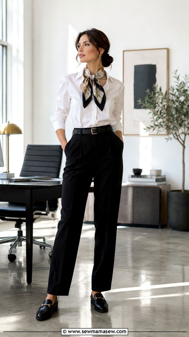Silk Scarf Tied in a Loose Bow at the Neck with a White Shirt and Trousers - 20 spring outfits with silk scarf