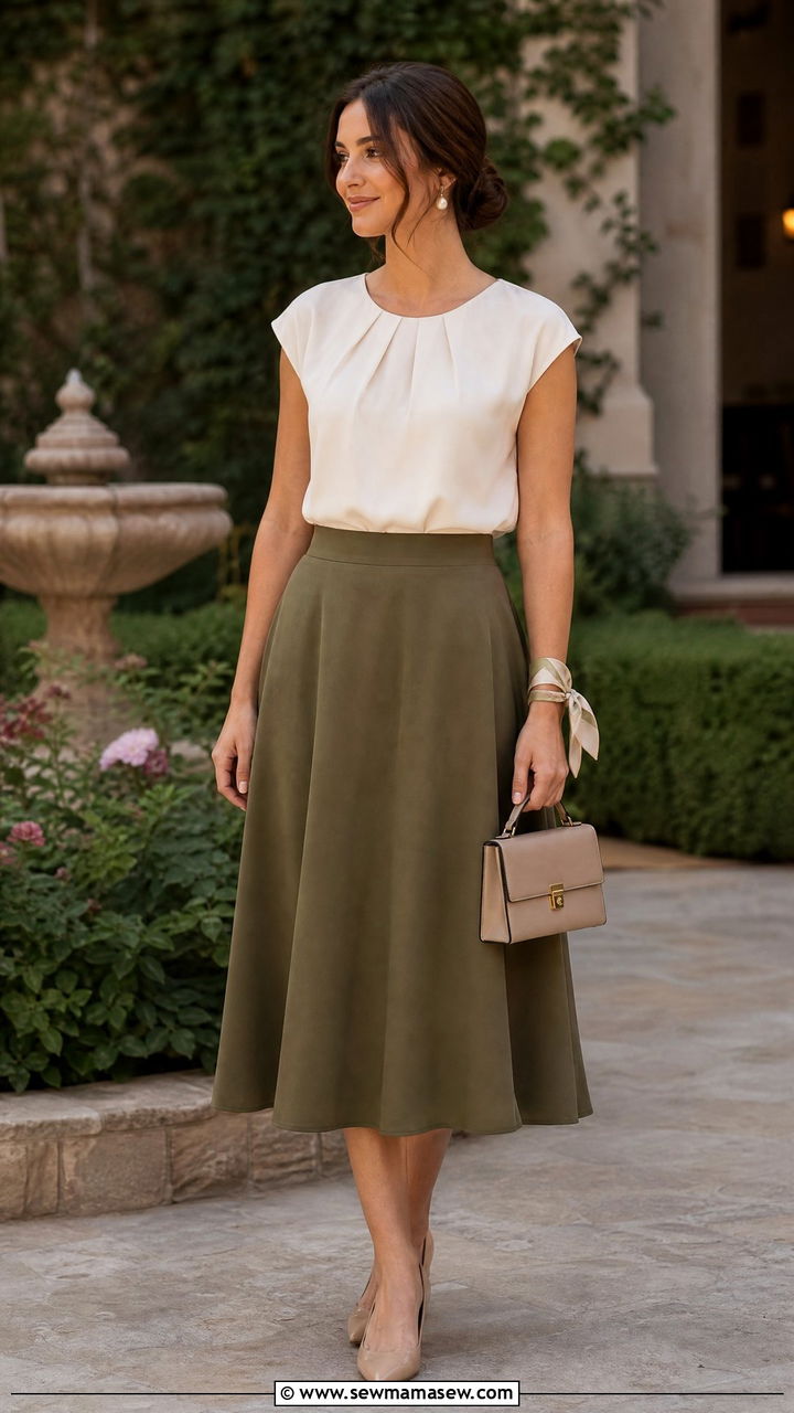 Silk Scarf Tied on Wrist with Cap Sleeve Blouse and A Line Midi Skirt - 25 French girl outfit ideas with a silk scarf