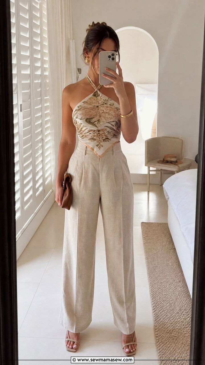 Silk Scarf Top and Linen Trousers Outfit - 30 Summer Europe packing outfits