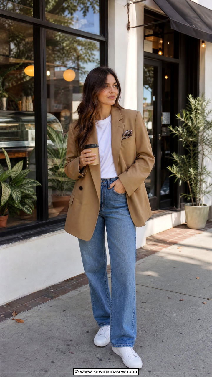 Silk Scarf Tucked into Blazer Pocket with White Tee and Relaxed Jeans - 25 French girl outfit ideas with a silk scarf