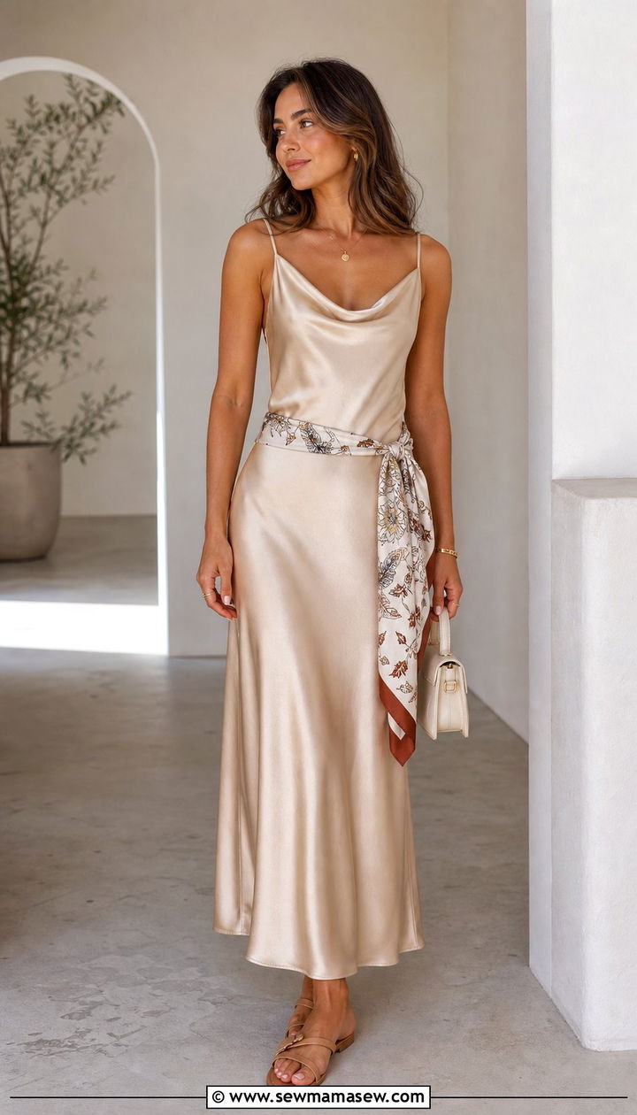 Silk Scarf Used As A Belt With A Summer Slip Dress Outfit - 25 Summer outfits with belts