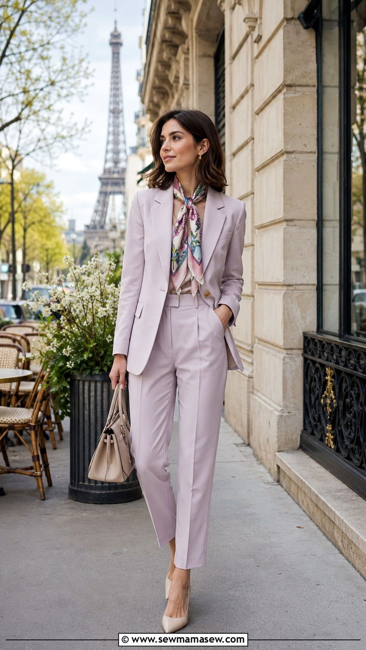 Silk Scarf With Tailored Suit - 30 Parisian spring outfits