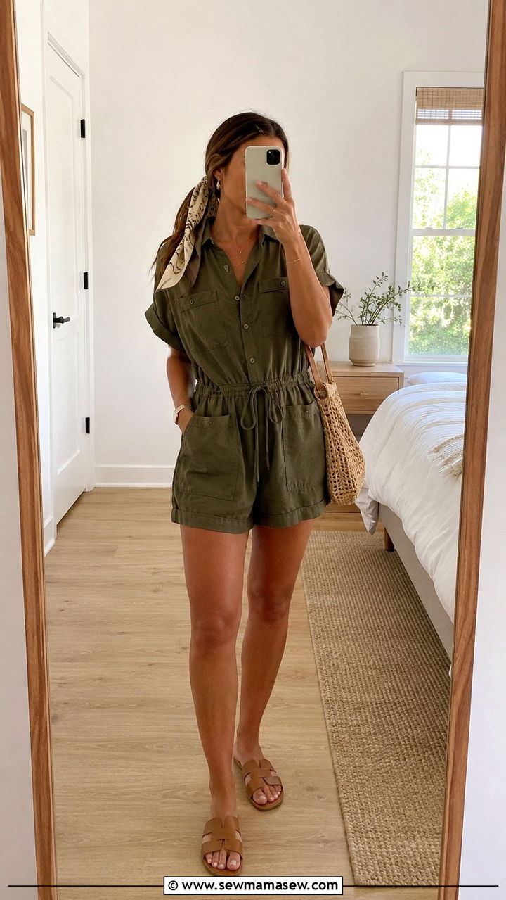 Silk Scarf Wrapped Around a Ponytail with a Romper - 20 spring outfits with silk scarf