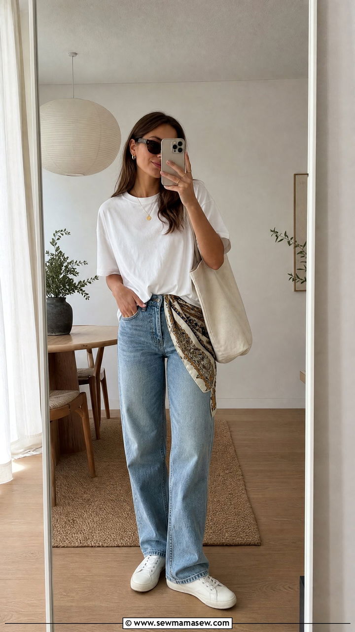 Silk Scarf Wrapped Around the Waist Over a White Tee and Jeans - 20 spring outfits with silk scarf