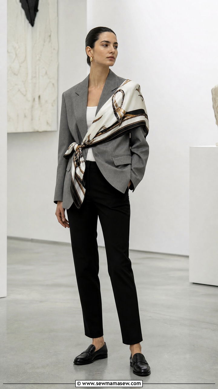 Silk Scarf Wrapped Over a Blazer for an Asymmetric Touch - 20 spring outfits with silk scarf