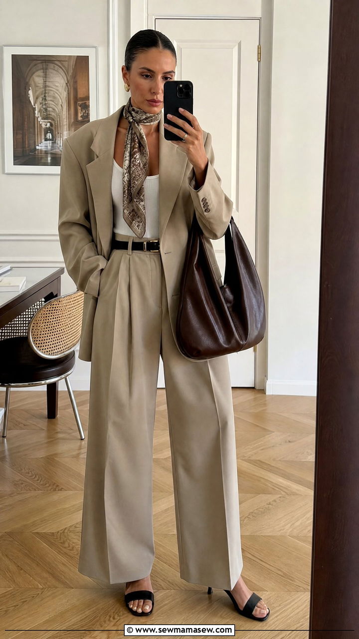 Silk Scarf and Relaxed Suit Outfit - 30 Fashion show outfit ideas