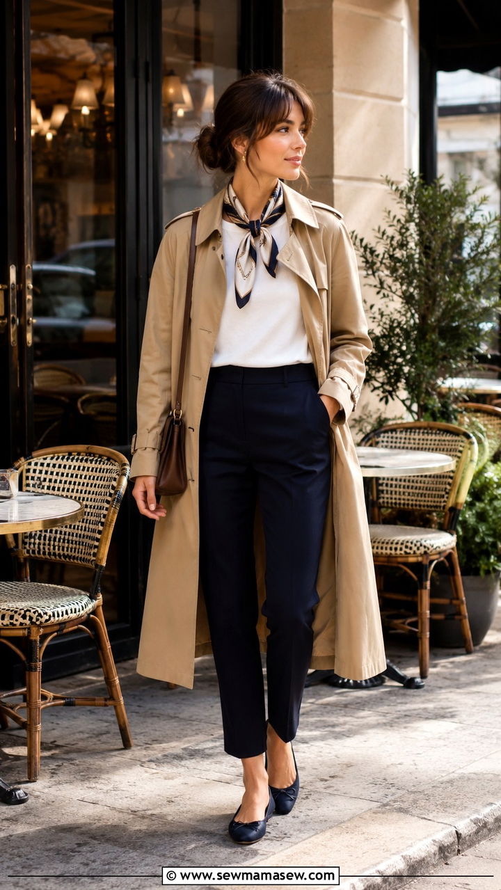 Silk Scarf and Trench Coat With Ballet Flats - 30 Old money outfits for petite women