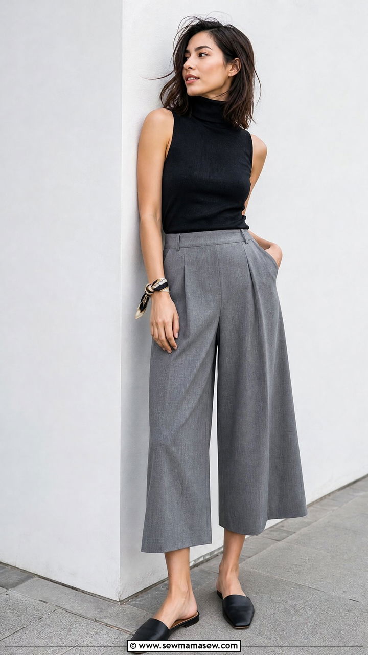 Silk Scarf as a Bracelet with Sleeveless Turtleneck and Culottes - 25 French girl outfit ideas with a silk scarf