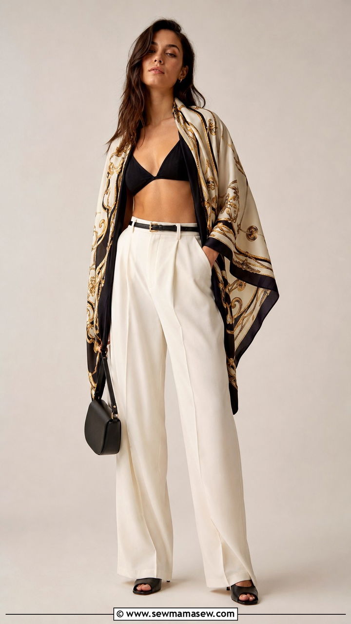 Silk Scarf as a Cape Over a Bralette and Wide Leg Pants - 20 spring outfits with silk scarf