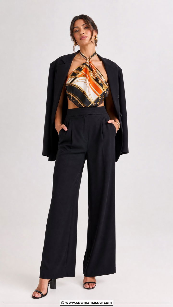 Silk Scarf as a Halter Top with High Waisted Trousers - 20 spring outfits with silk scarf