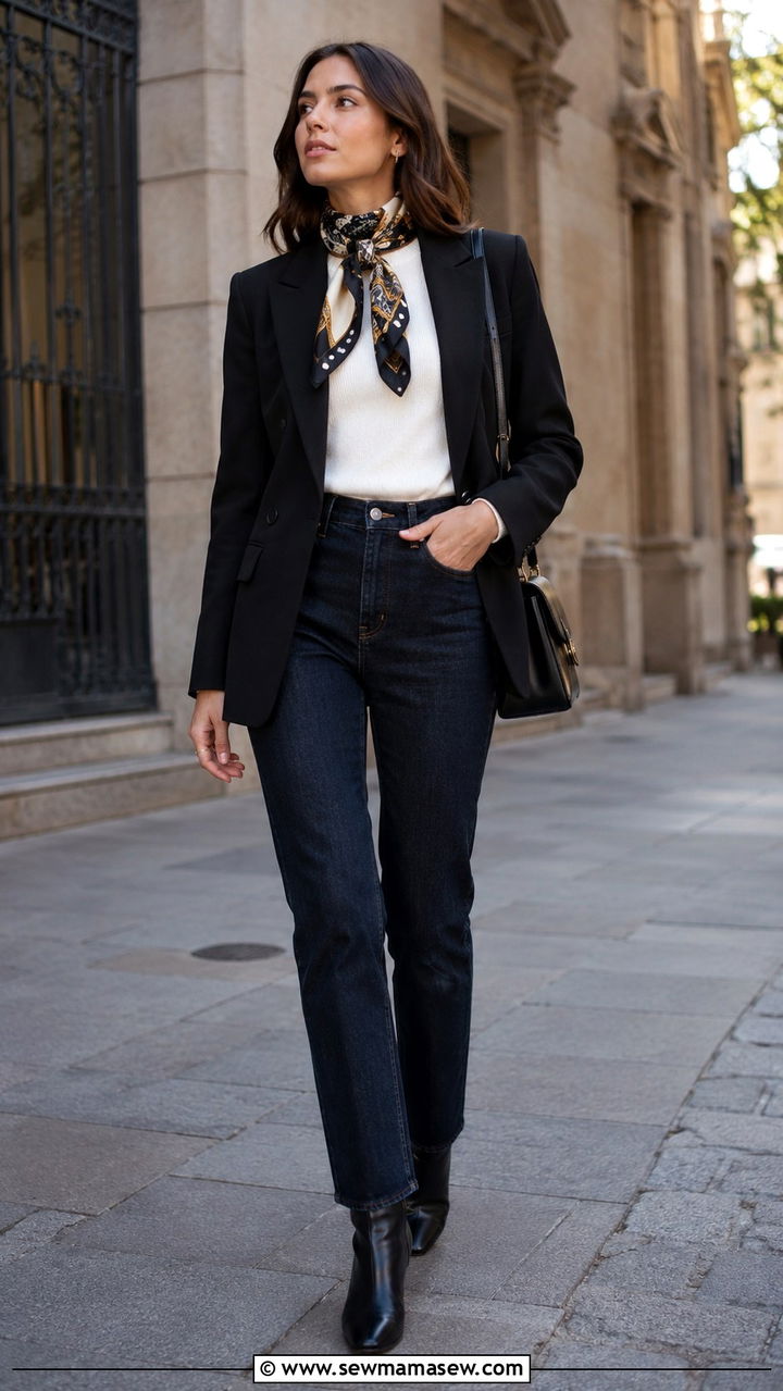 Silk Scarf with Blazer and Dark Denim - 25 Rich aunt outfit ideas