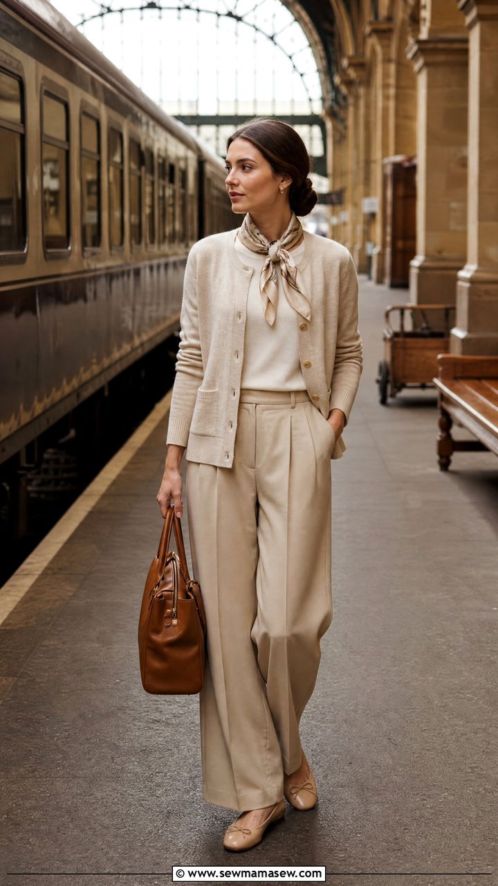 Silk Scarf with Cardigan and Wide Leg Trousers - 25 Old money outfit ideas for travel