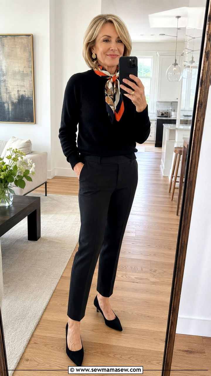 Silk Scarf with Classic Sweater and Trousers - 20 55 year old woman outfit ideas