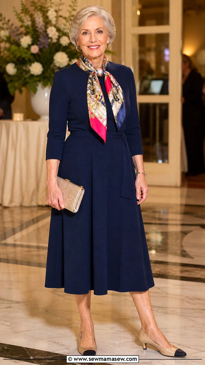 Silk Scarf with Navy Midi Dress and Low Heels - 20 65 year old woman outfit ideas