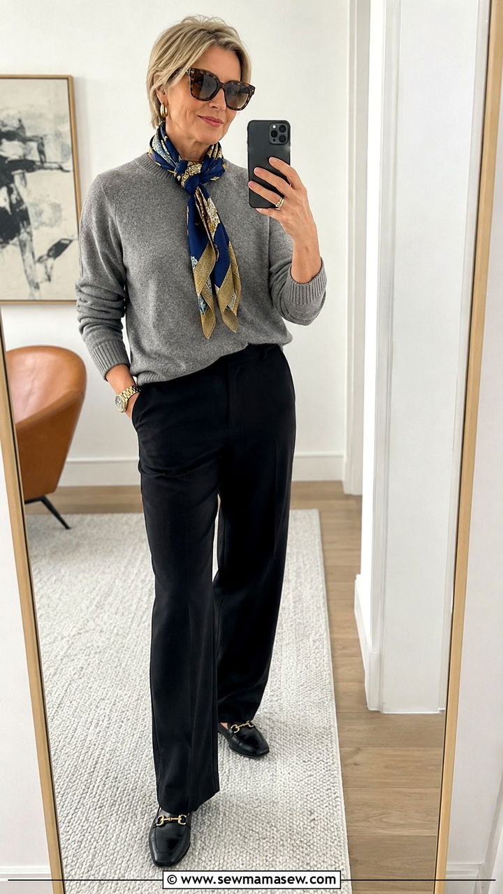 Silk Scarf with Simple Sweater Outfit - 30 Parisian outfits for women over 60
