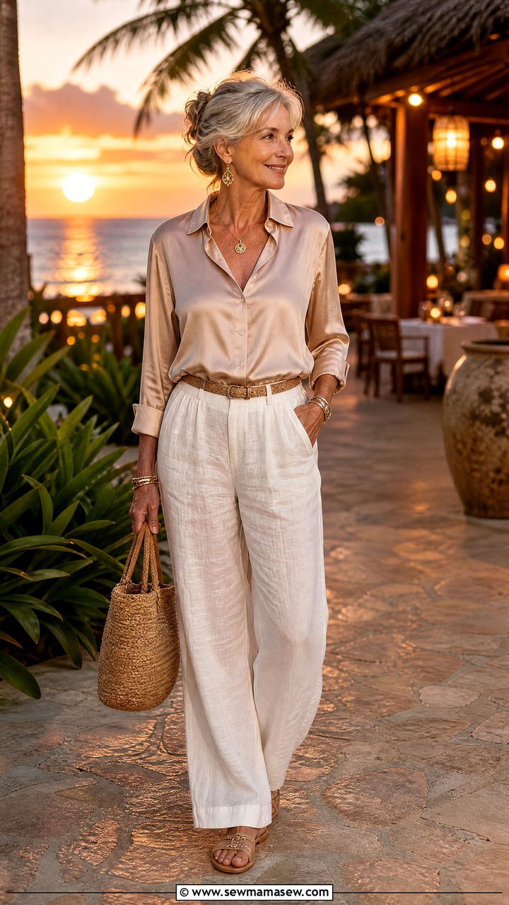 Silk Shirt With Linen Trousers For Women Over 60 - 30 Going out outfit ideas women over 60