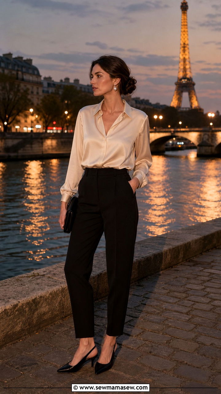 Silk Shirt with Tapered Trousers and Slingback Heels - 40 Europe travel outfits
