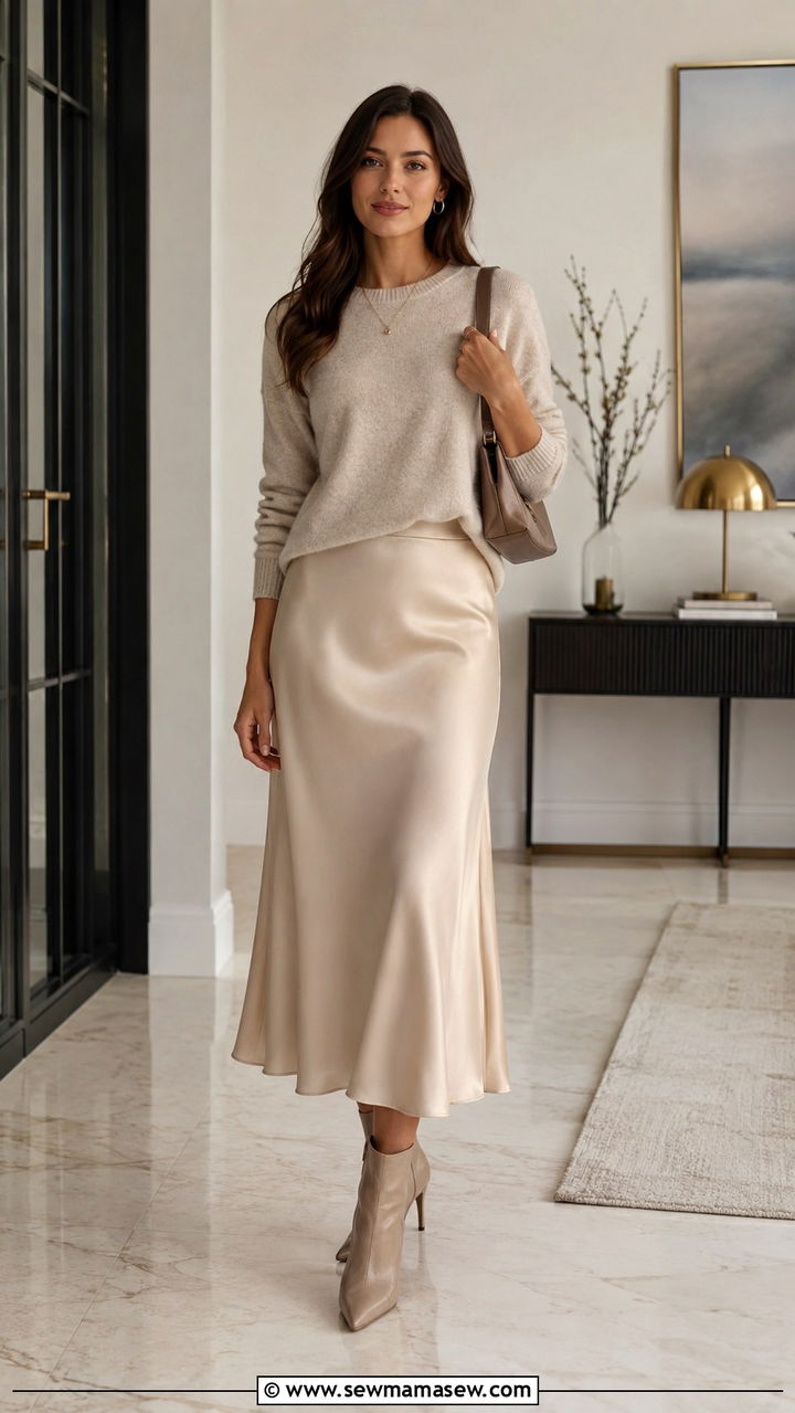 Silk Skirt And Knit Top With Heeled Boots - 30 Spring outfits with boots