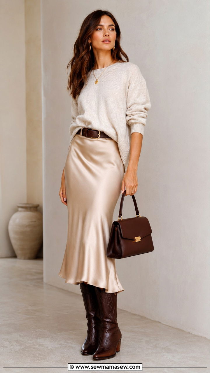 Silk Skirt With Cowboy Boots And Cashmere Sweater - 30 spring western outfit ideas