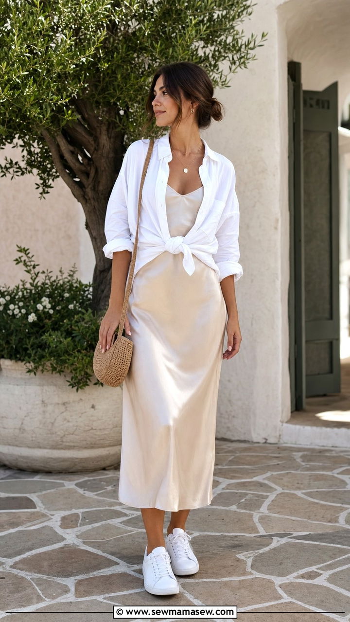 Silk Slip Dress And Oversized Button Up Outfit - 25 errands outfits aesthetic