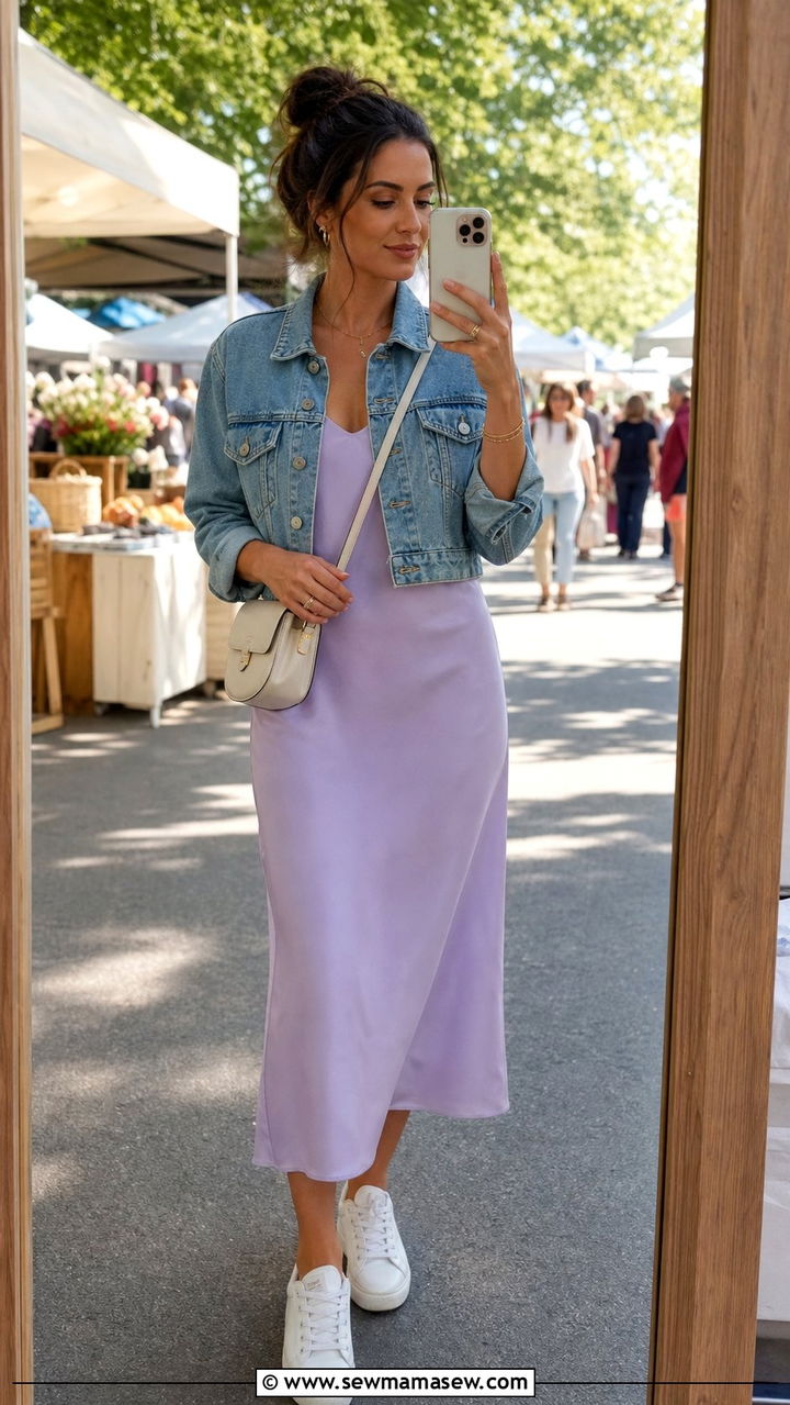 Silk Slip Dress With A Cropped Denim Jacket - 25 Spring silk outfits