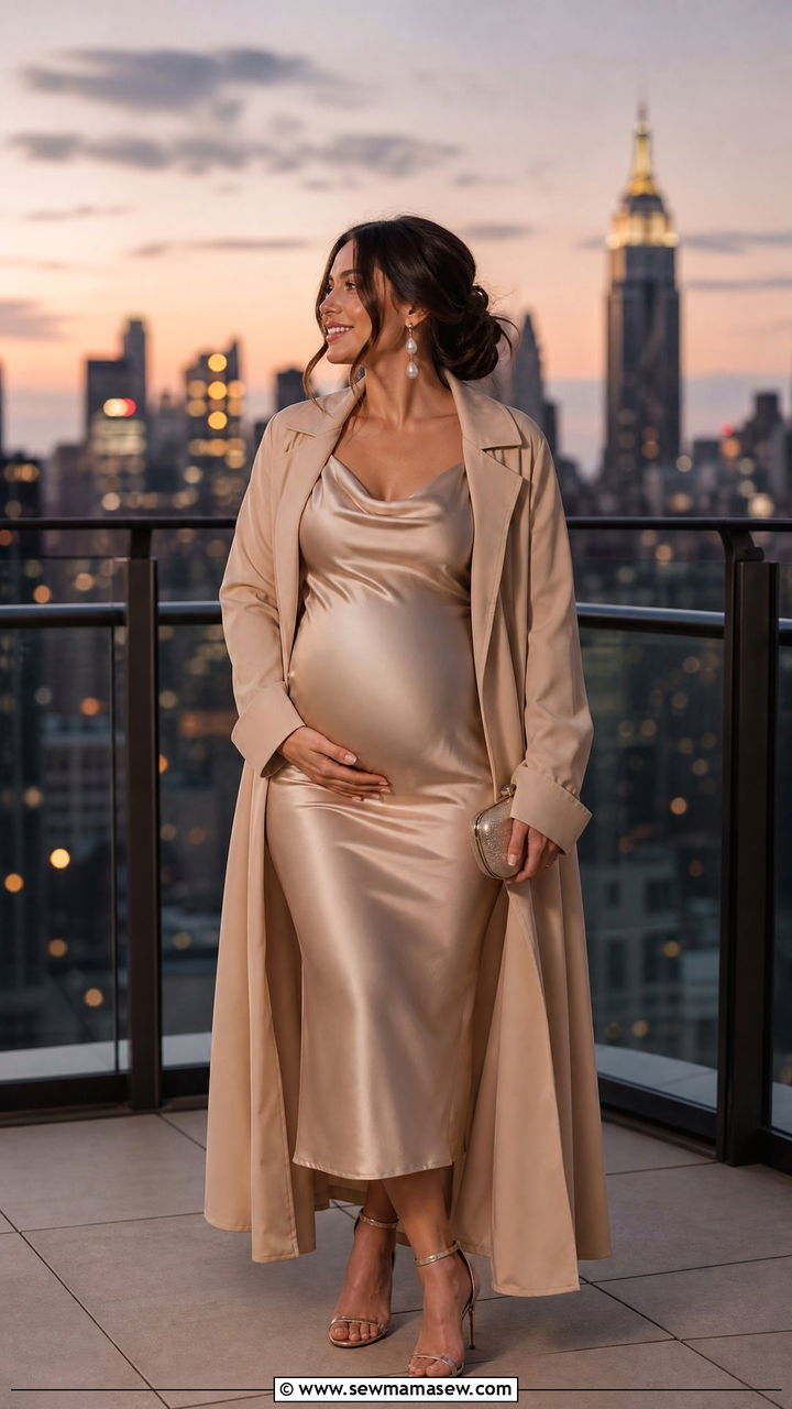 Silk Slip Dress With Duster Coat - 25 Maternity announcement outfit ideas