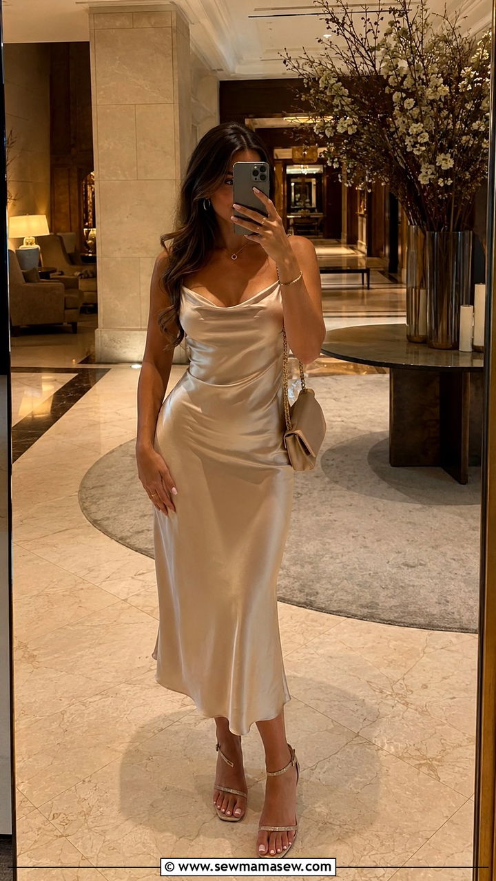 Silk Slip Dress With Strappy Heels And A Shoulder Bag - 30 classy romantic outfit ideas
