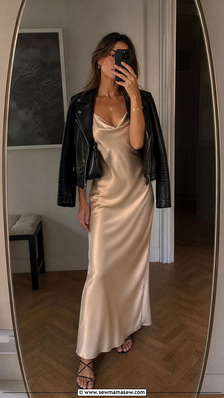 Silk Slip Dress and Leather Jacket - 30 classy Europe travel outfits