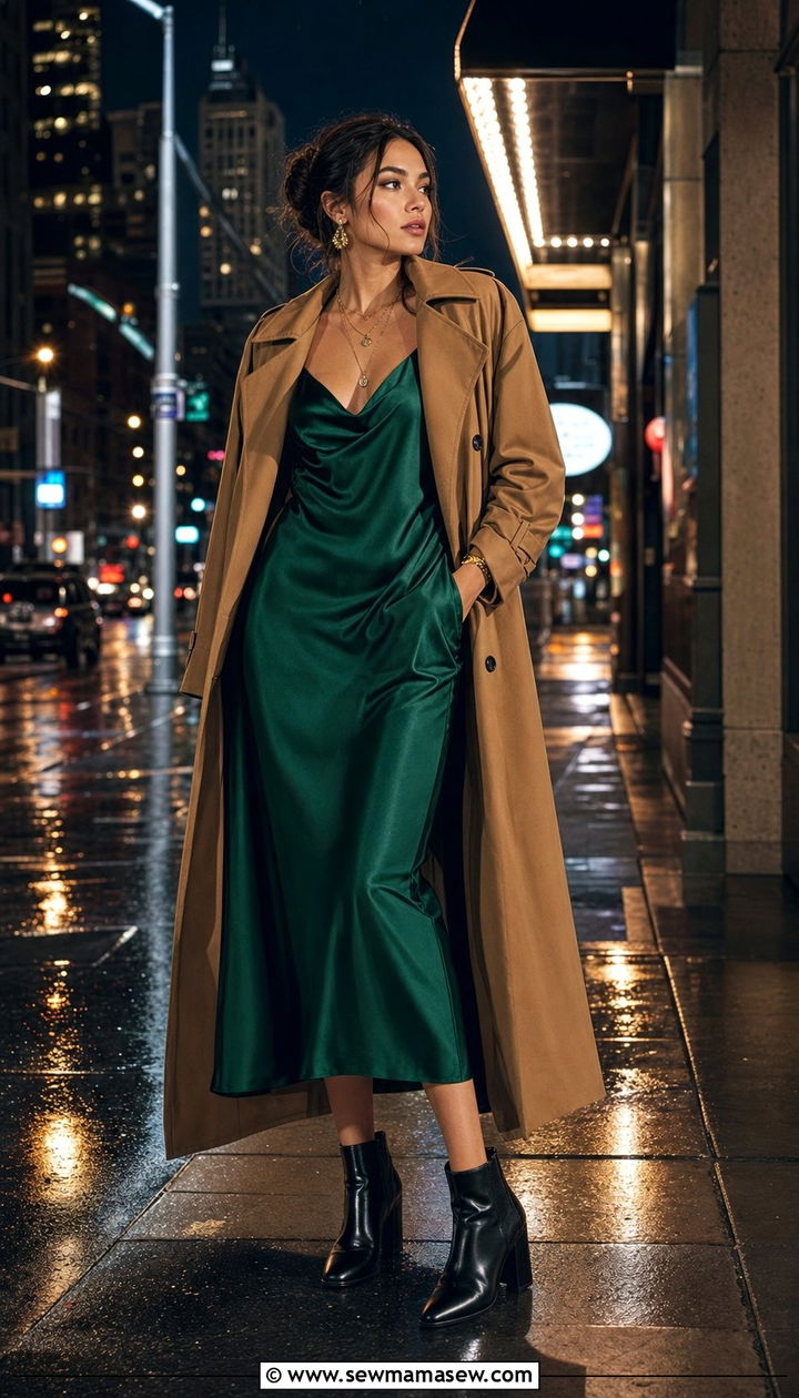 Silk Slip Dress with Trench Coat and Ankle Boots - 25 Drizzle outfit ideas