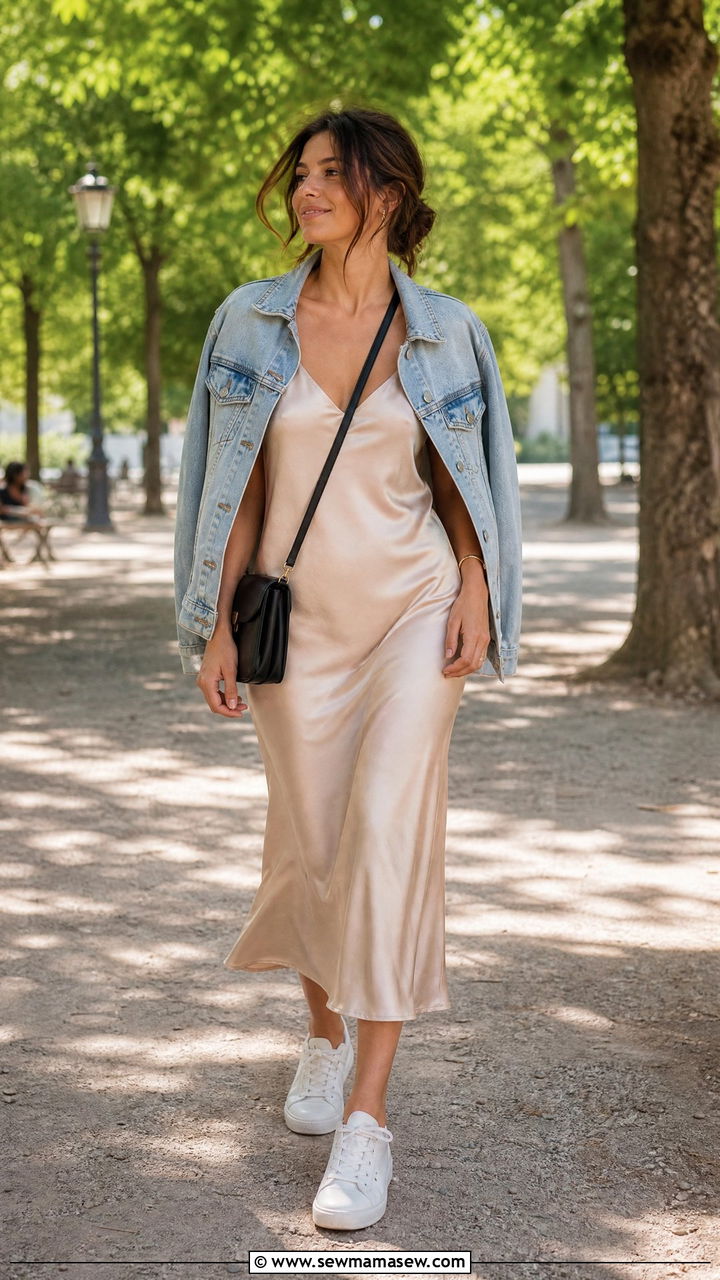 Silk Slip Dress with White Sneakers and a Denim Jacket - 30 French girl outfit ideas minimalist