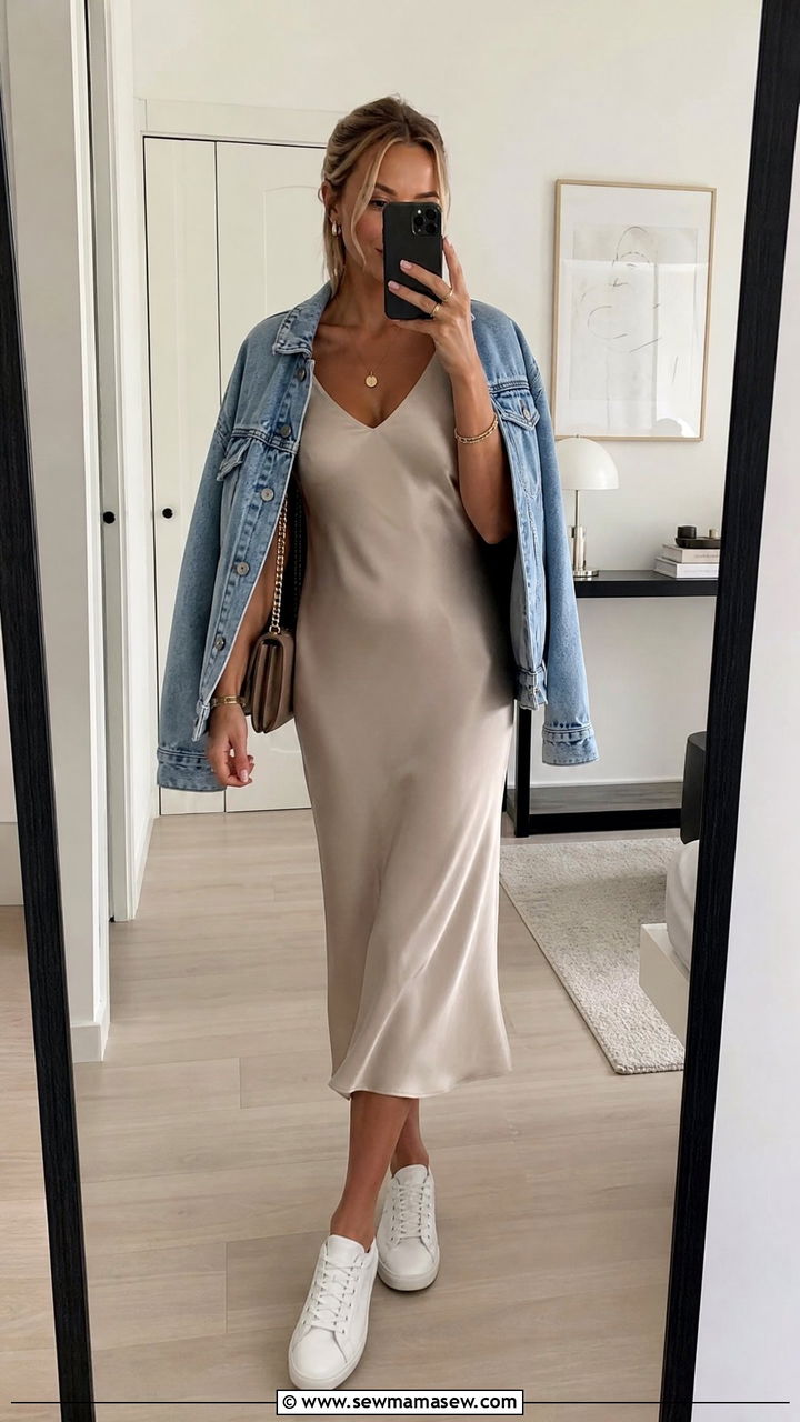 Silk Slip Dress with White Sneakers and a Denim Jacket - 30 summer elevated casual outfit ideas