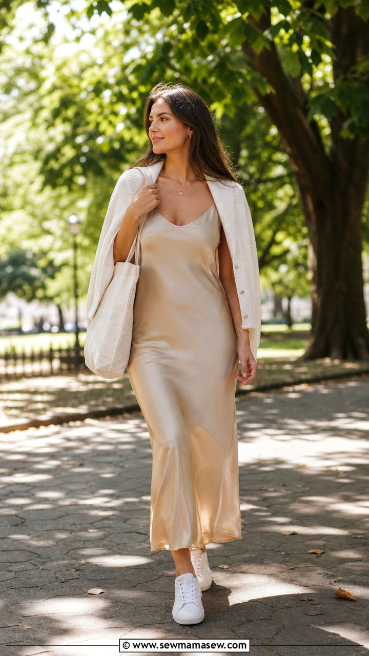 Silk Slip Dress with White Sneakers - 40 summer french girl outfits