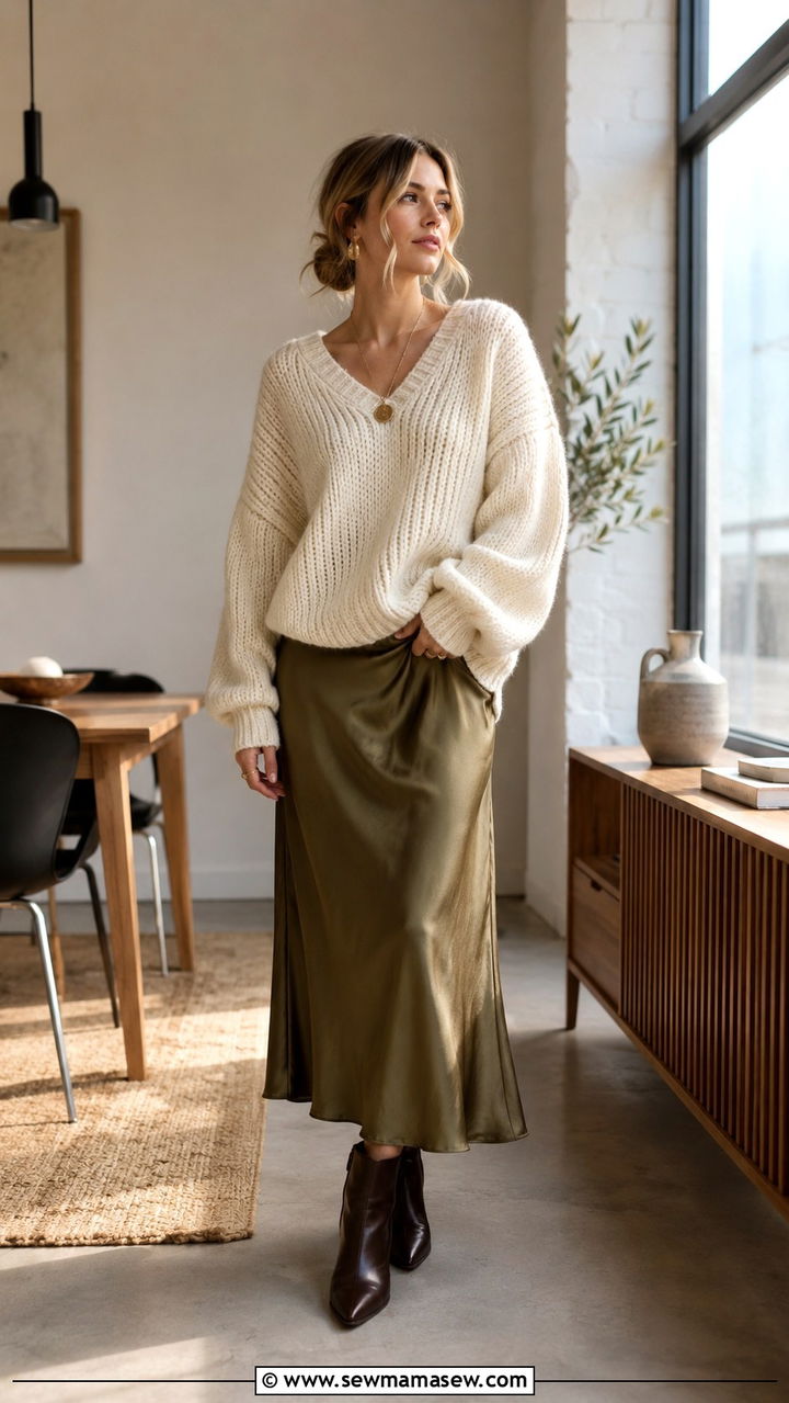 Silk Slip Skirt With Chunky Knit Outfit - 30 Office outfits for Gen Z