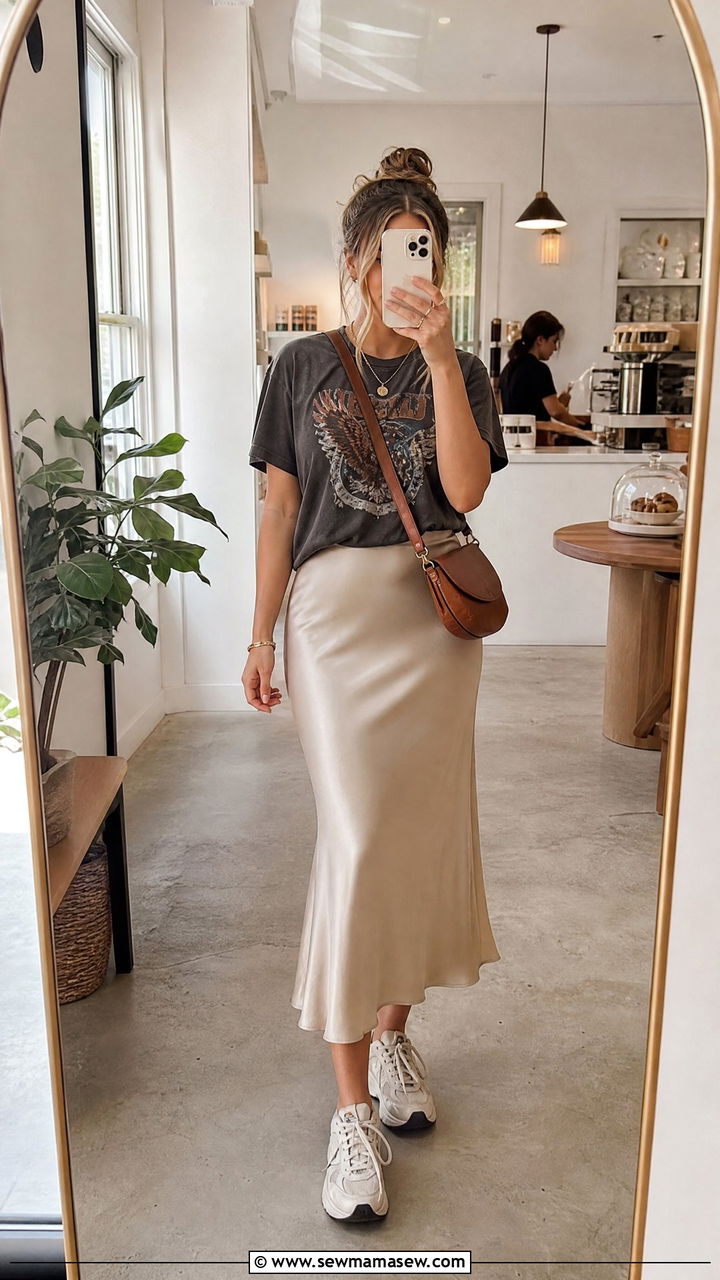 Silk Slip Skirt With Graphic Tee and Sneakers - 25 How to style a midi skirt for travel