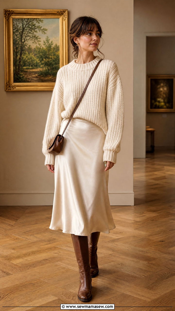 Silk Slip Skirt With a Chunky Knit Sweater - 35 French girl spring outfit ideas