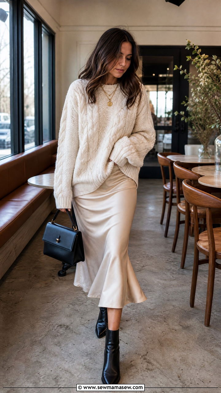 Silk Slip Skirt with Chunky Knit and Ankle Boots - 30 Marketing manager outfit ideas