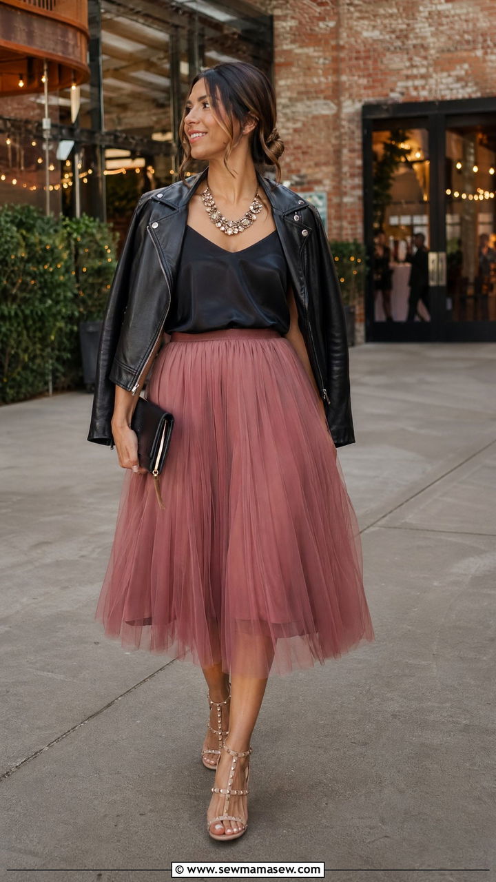 Silk Tank And Tulle Midi Skirt With Statement Jewelry And Heels - 35 Dressy casual wedding guest outfit ideas