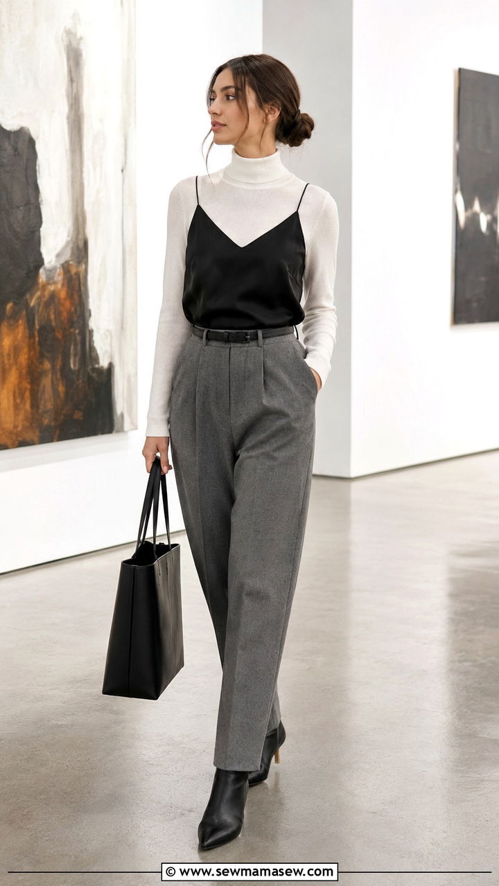 Silk Tank Top Layered Over a Turtleneck - 30 Silk tank top outfit ideas