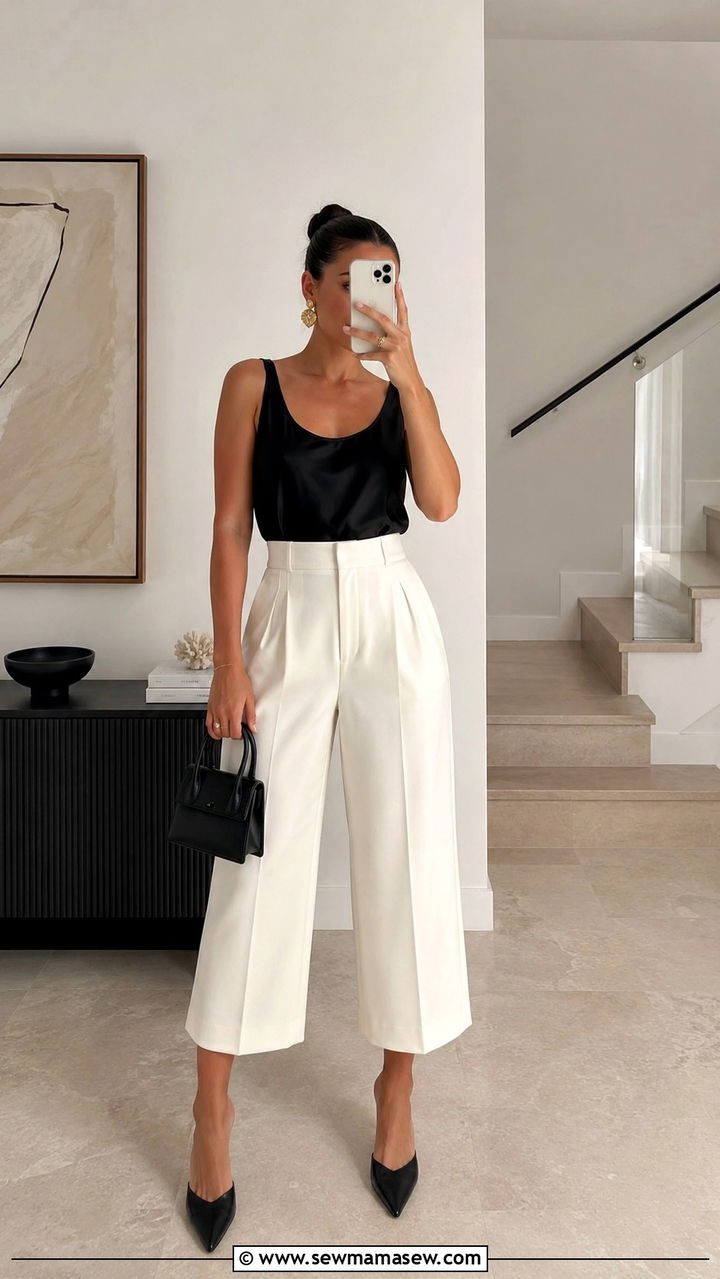 Silk Tank Top with Cropped Wide Leg Pants - 30 Silk tank top outfit ideas