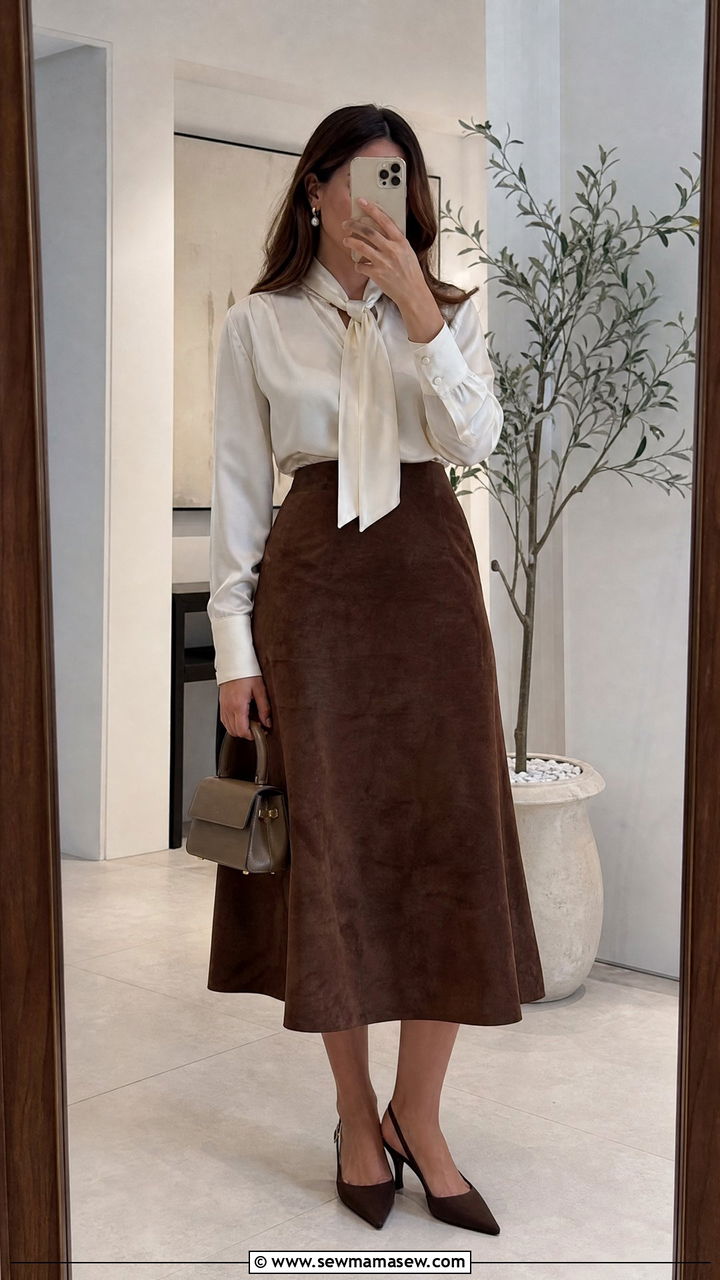 Silk Tie Neck Blouse And A Line Suede Skirt Outfit - 20 cute poetcore outfits