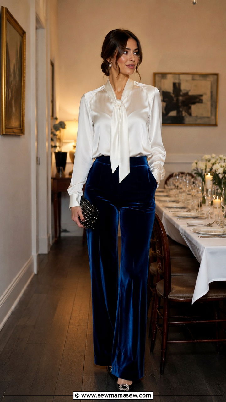 Silk Tie Neck Blouse With Velvet Trousers And Pointed Flats - 25 poetcore outfits inspo