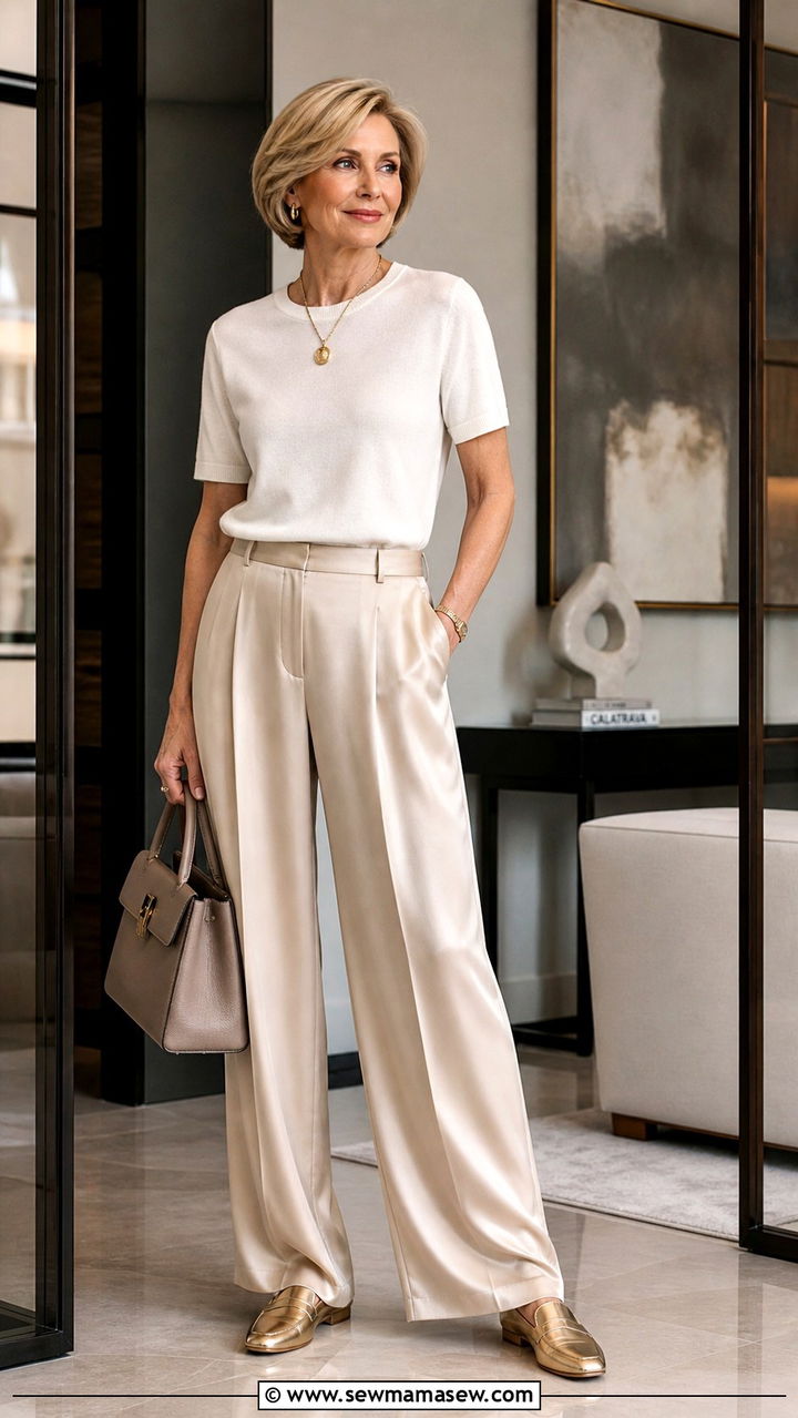 Silk Trousers with Cashmere Blend Tee Summer Outfit - 40 Summer outfit ideas for women over 60 2026