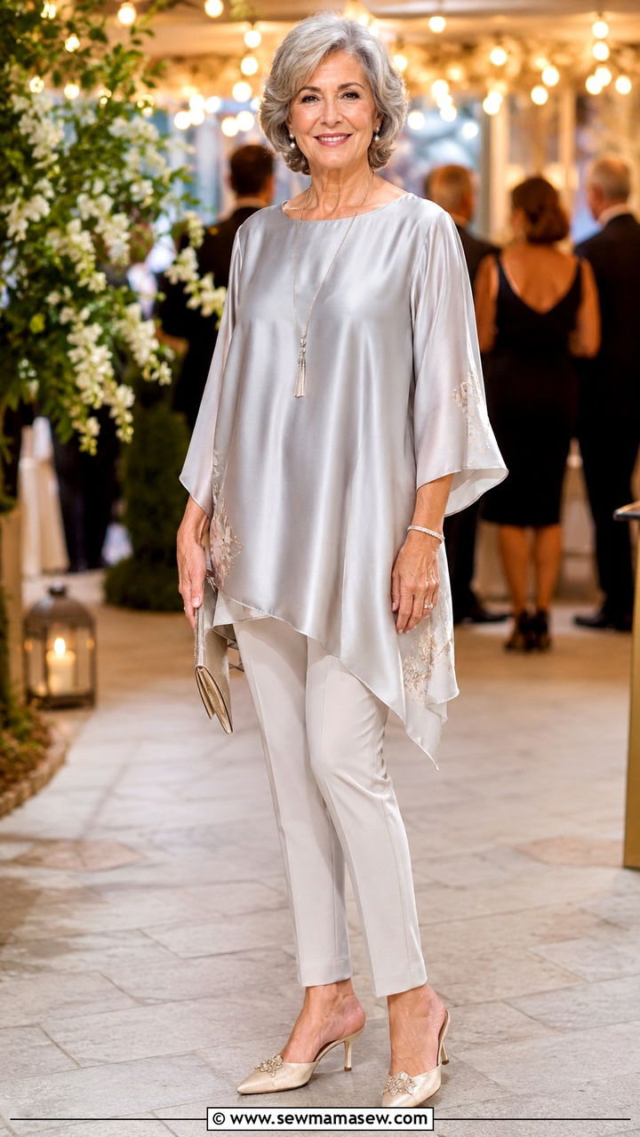 Silk Tunic with Slim Pants and Pointed Toe Mules - 30 Graduation outfits for women over 60