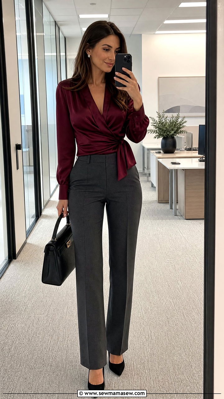 Silk Wrap Blouse And Charcoal Tailored Trousers Outfit - 25 Salesperson outfit ideas