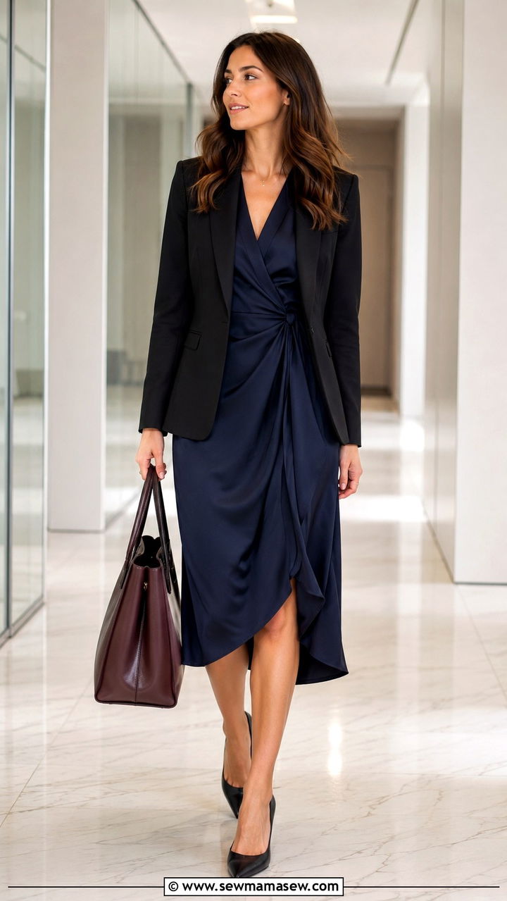 Silk Wrap Dress With Structured Blazer - 25 Wrap dress outfit ideas with a blazer