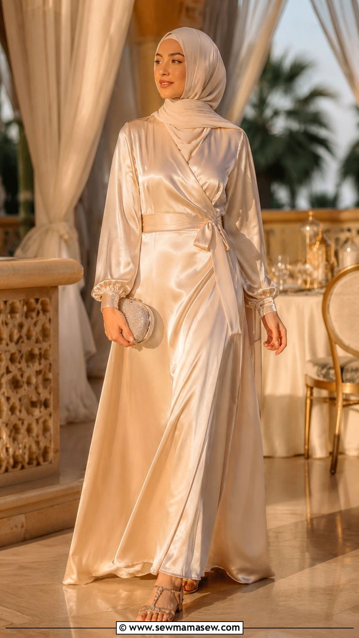 Silk Wrap Maxi Dress with Metallic Sandals - 20 Modest outfit ideas for iftar