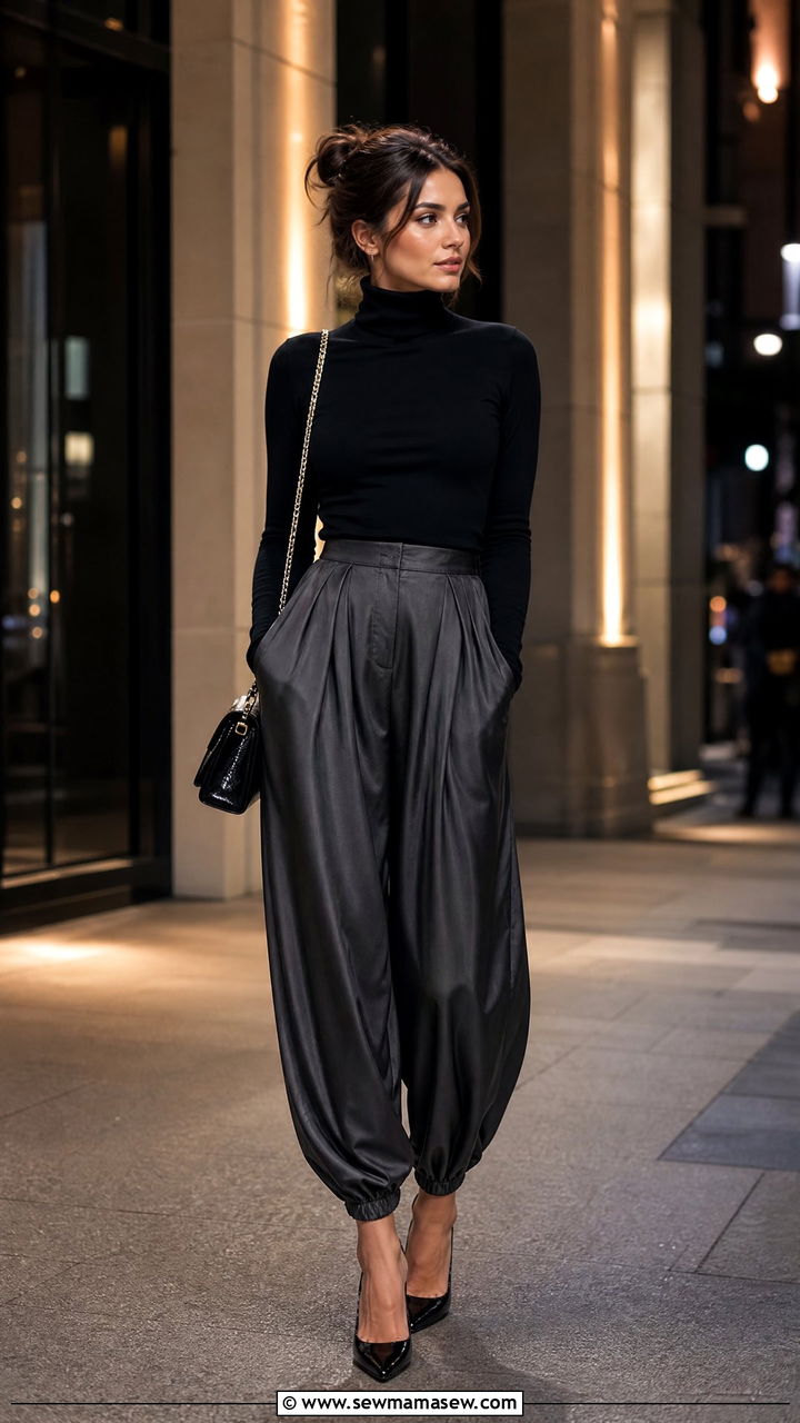 Silk balloon pants with a fitted turtleneck and pumps - 25 how to style balloon pants outfits